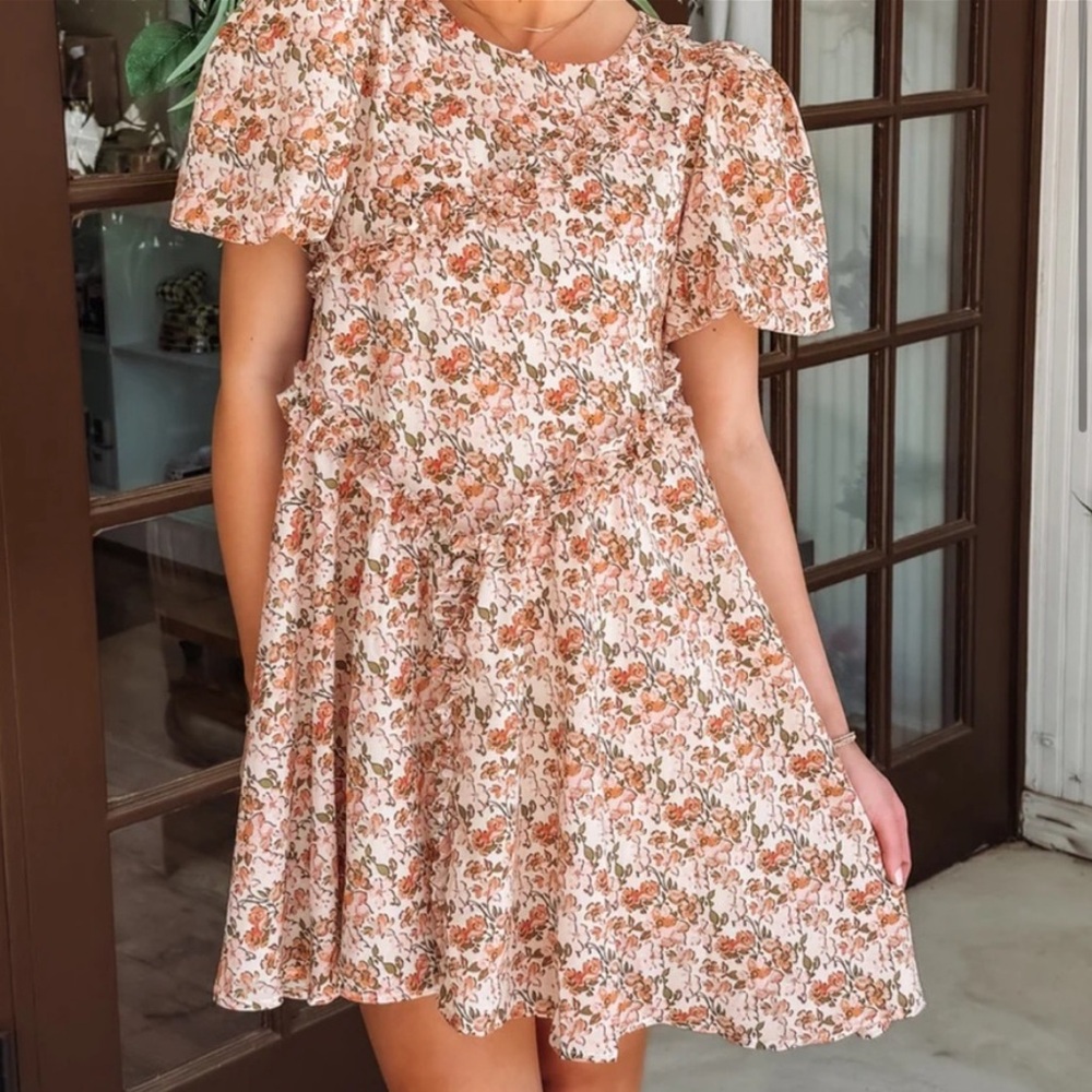 Mikarose Floral Puff-Sleeve Mini Dress - Pink/Peach